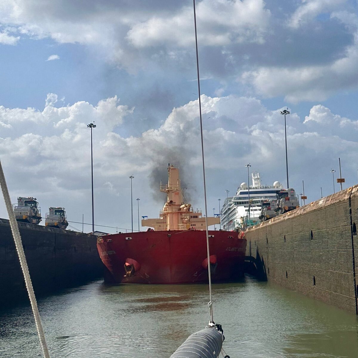 One Cat dans une écluse avec les navires de commerce
